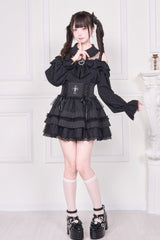Jirai Kei Off Shoulder Long Sleeves Print Bowknot Lace-Up Sweet Japanese Blouse 3 Colors - Product - 13
