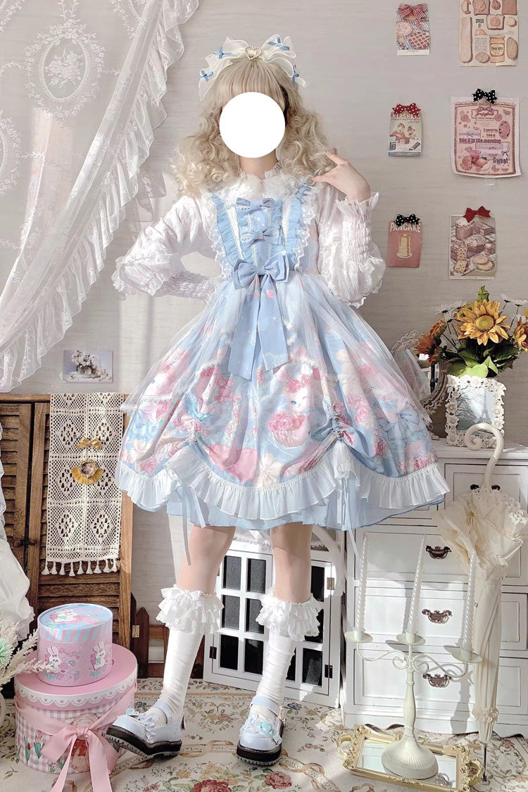 Blue Sleeveless High Waisted Rabbit Print Ruffle Bowknot Sweet Lolita Jsk Dress - Product - 4