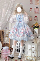 Blue Sleeveless High Waisted Rabbit Print Ruffle Bowknot Sweet Lolita Jsk Dress - Product - 4