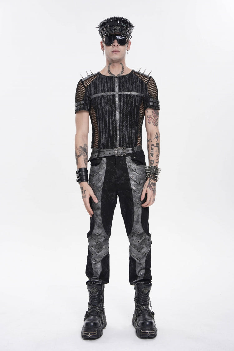 Black Round Collar Long Sleeves Spliced Slim Mesh Studded Eyelet Men's Punk T-Shirt - Product - 2