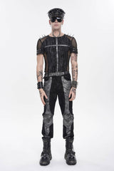 Black Round Collar Long Sleeves Spliced Slim Mesh Studded Eyelet Men's Punk T-Shirt - Product - 2