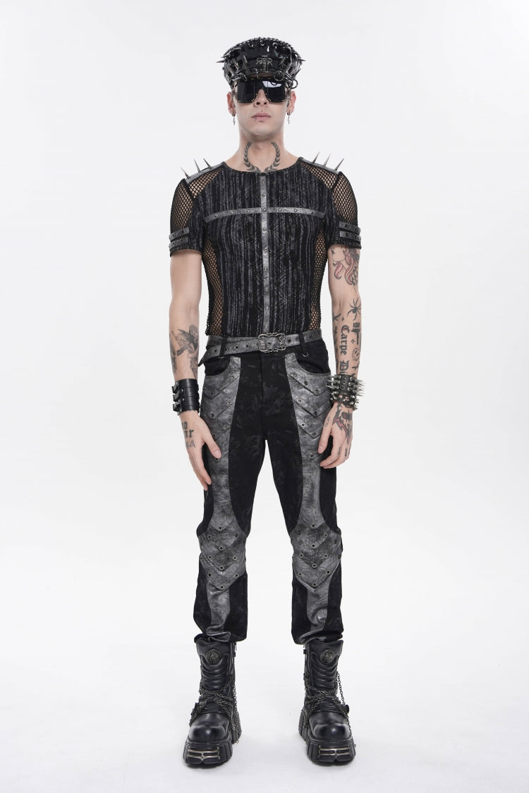 Black Round Collar Long Sleeves Spliced Slim Mesh Studded Eyelet Men's Punk T-Shirt - Product - 2