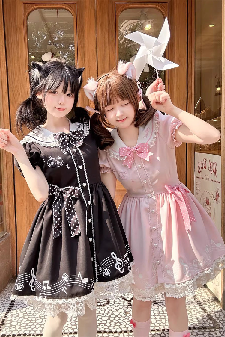 Black [Melody Kitty] Doll Collar Short Sleeves Ruffled Embroidered Bow Lace Sweet Lolita Dress - Product - 11
