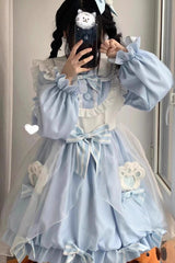 Bear Long Sleeves High Waisted Ruffle Bowknot Sweet Lolita Dress 3 Colors - Blue - 2