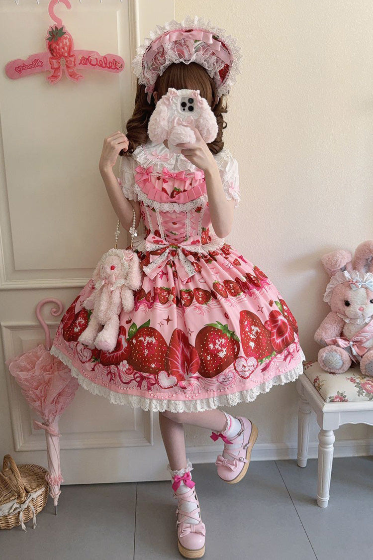 [Sweet Berry Tale] Strawberry Print Ruffle Bowknot Lace Sweet Lolita Jsk Dress 4 Colors - Product - 9