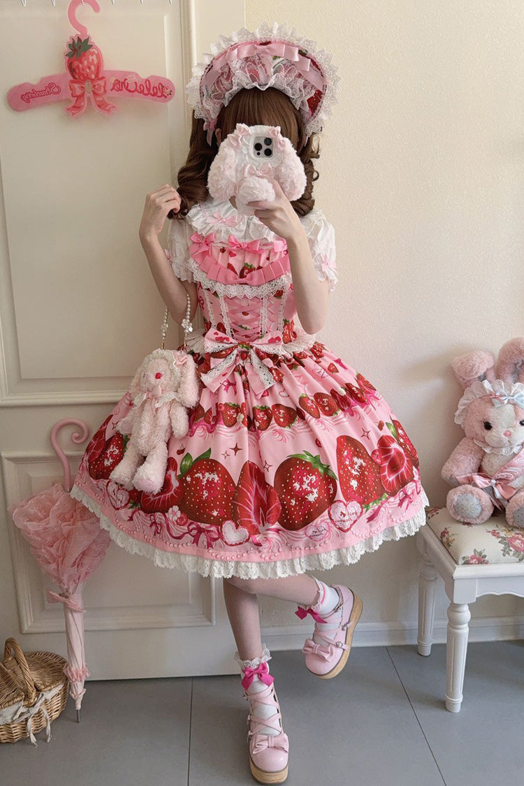 [Sweet Berry Tale] Strawberry Print Ruffle Bowknot Lace Sweet Lolita Jsk Dress 4 Colors - Product - 9