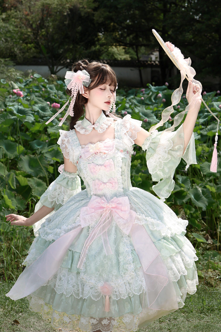 Green [Spring Waters Reflecting Pear Blossoms] Ruffled Embroidered Open-Front Bow Lace Sweet Lolita Jsk Dress - Product - 8