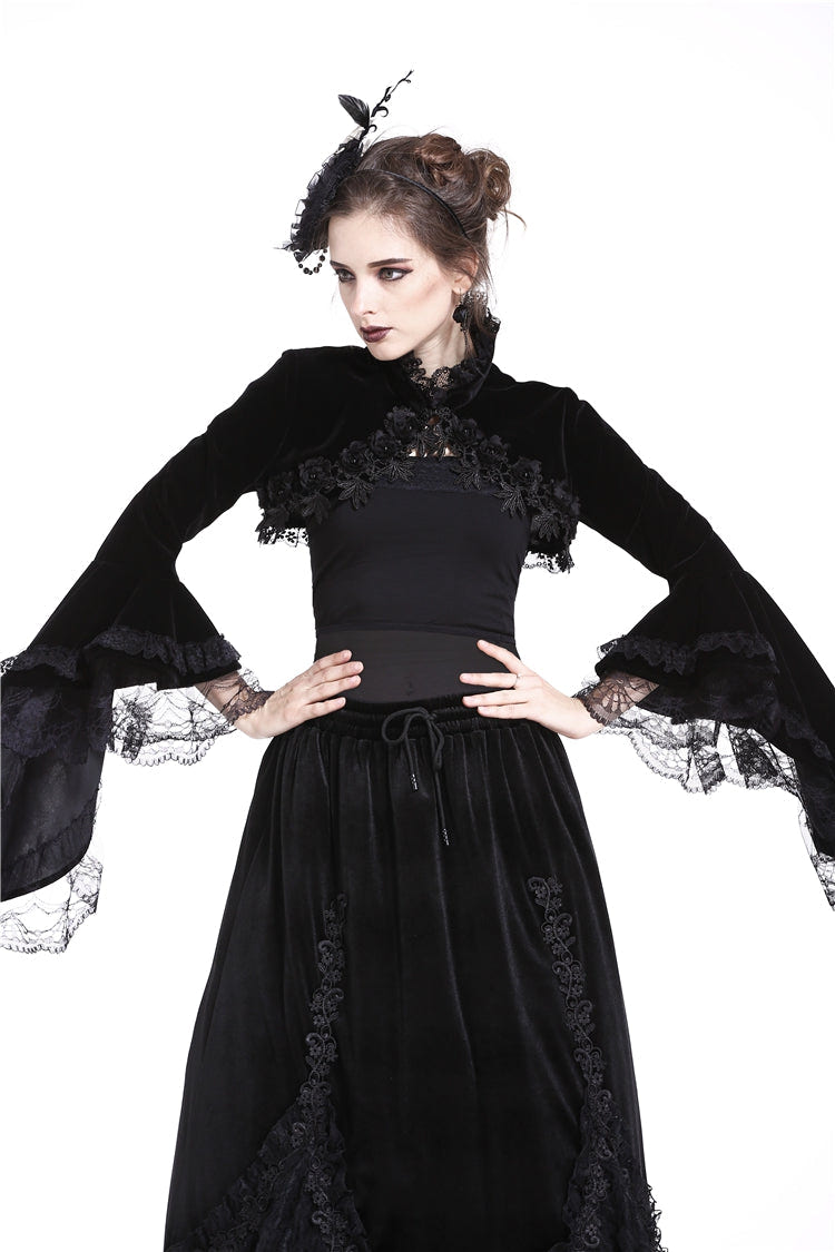 Black Lace Stand Collar Multi-Layered Long Trumpet Sleeves Rosette Velour Women's Gothic Bolero - Product - 5