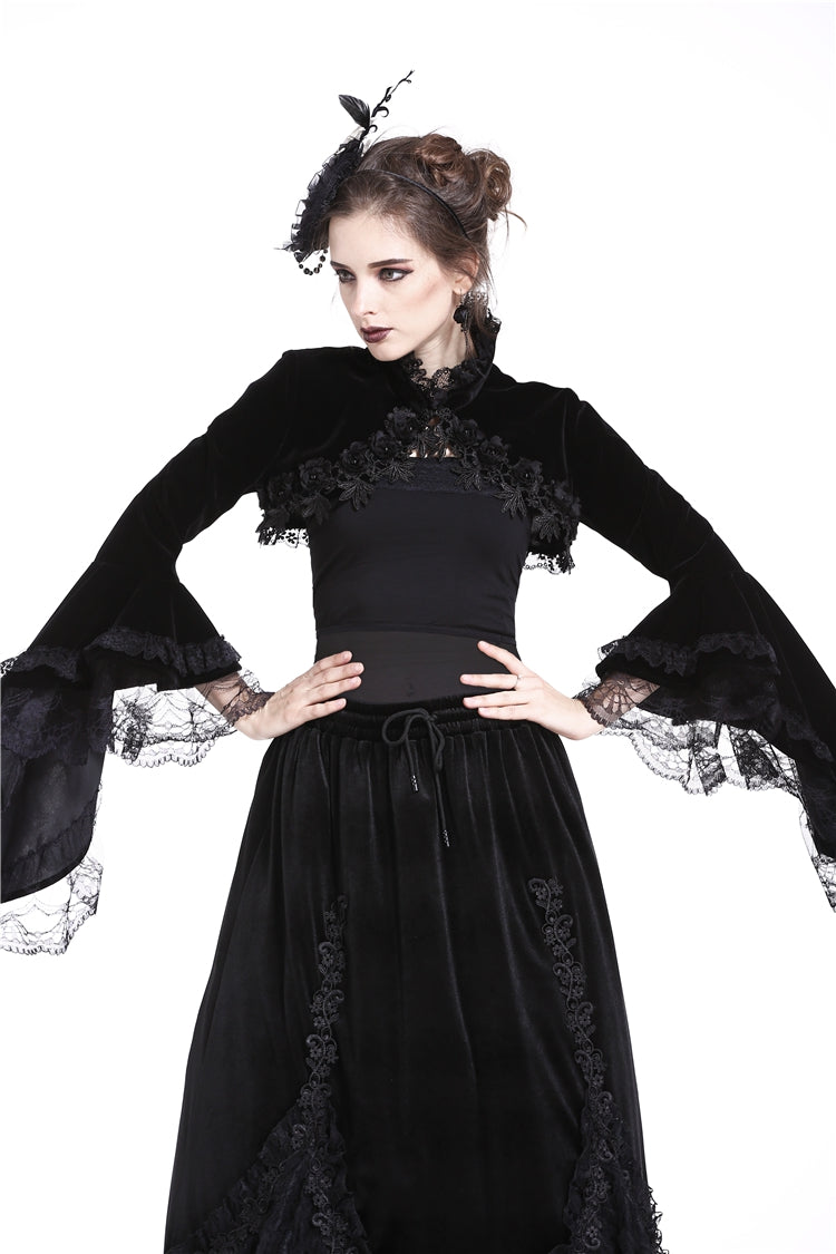 Black Lace Stand Collar Multi-Layered Long Trumpet Sleeves Rosette Velour Women's Gothic Bolero - Product - 5