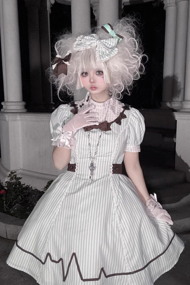Light Green [Mint Prescription] Stand Collar Short Sleeves Vertical Stripe Printed Bow Sweet Lolita Nurse Dress - Product - 7