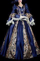 Trumpet Sleeves Long Sleeves Golden Floral Hollow Print Victorian Lolita Prom Dress - Blue - 4