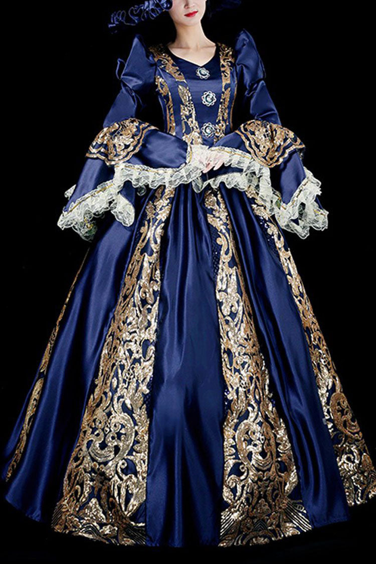 Trumpet Sleeves Long Sleeves Golden Floral Hollow Print Victorian Lolita Prom Dress - Blue - 4