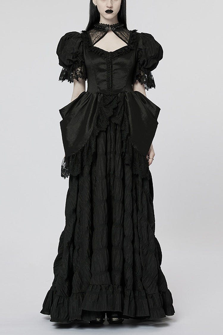 Black Short Puff Sleeves Ruffle Hanayome Stitching Lace Women's Gothic Dress - Black - 1