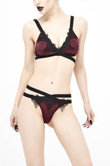 Wine Cross Strap Lace Women's Gothic Swimsuit Set - Red - 1