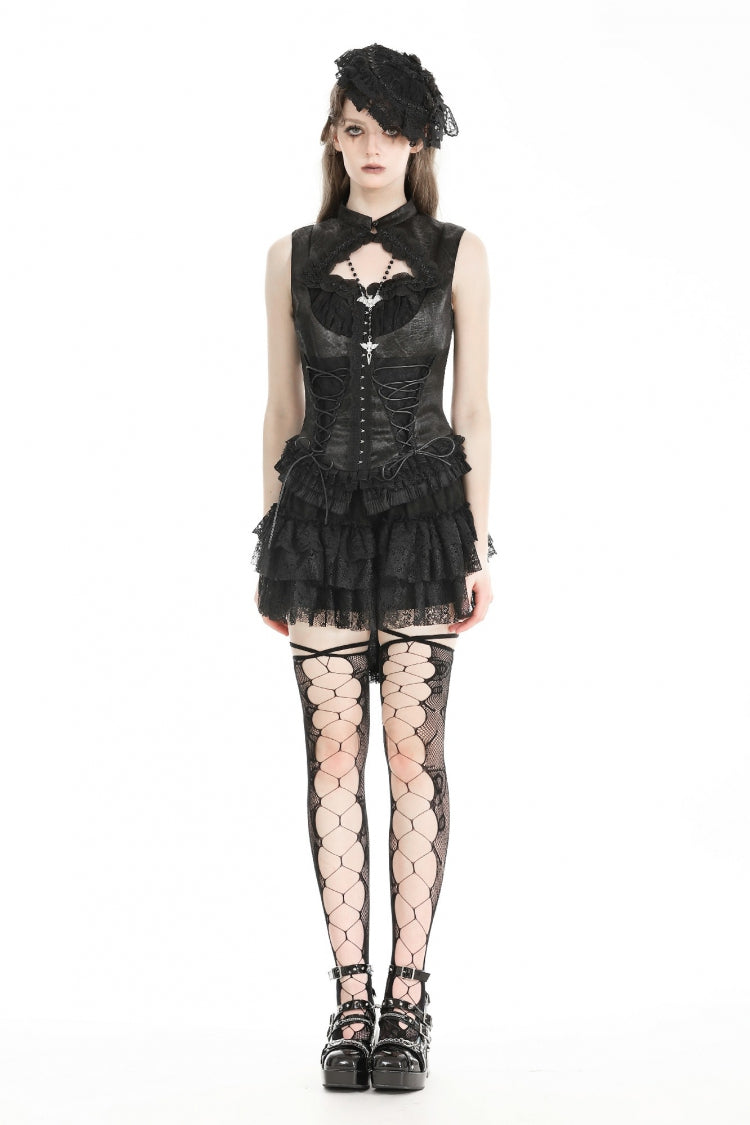 Black Sleeveless Cut-Out Lace Trim Side Lace-Up Women's Gothic Sexy Corset Top - Product - 5