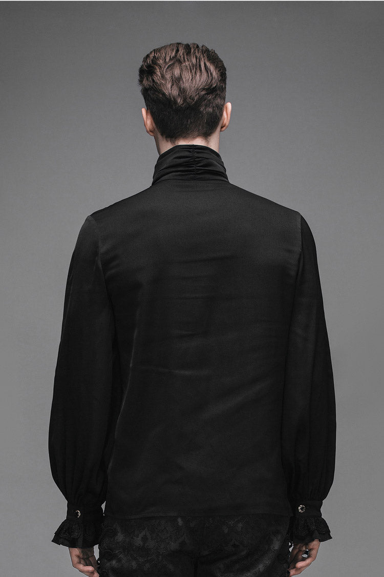 Black Ruffled Lace Button-Up Micro-bullet Chiffon Long Sleeve Men's Gothic Shirt - Product - 6