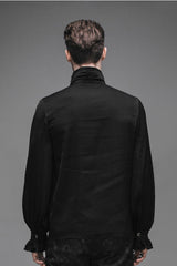 Black Ruffled Lace Button-Up Micro-bullet Chiffon Long Sleeve Men's Gothic Shirt - Product - 6