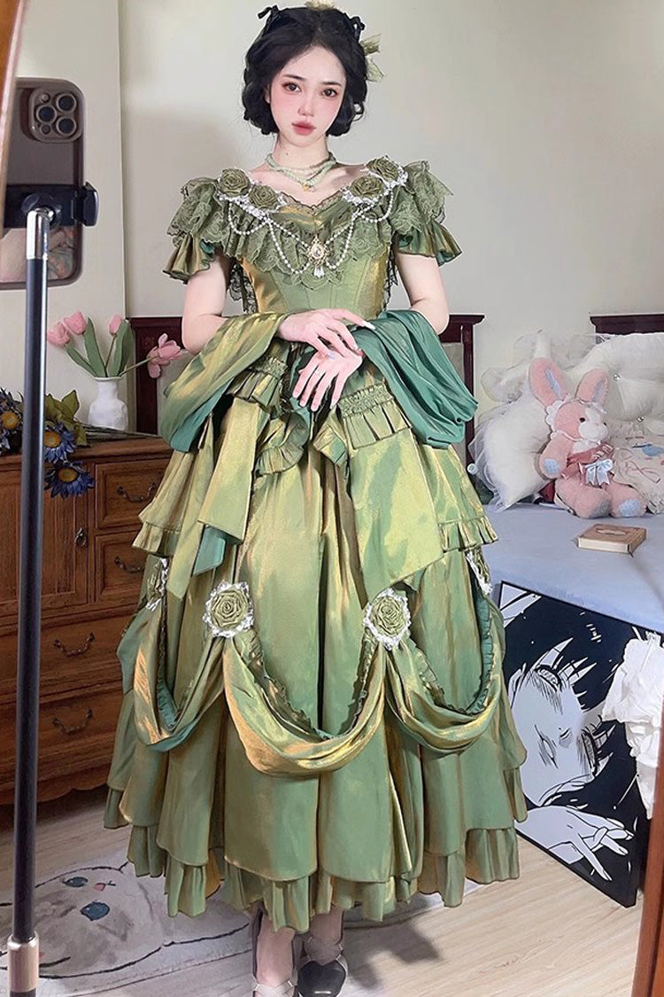 Green Tana Manor Rose Flower Long Sleeves Ruffle Bowknot Elegant Sweet Princess Lolita Strapless Dress - Green - 5