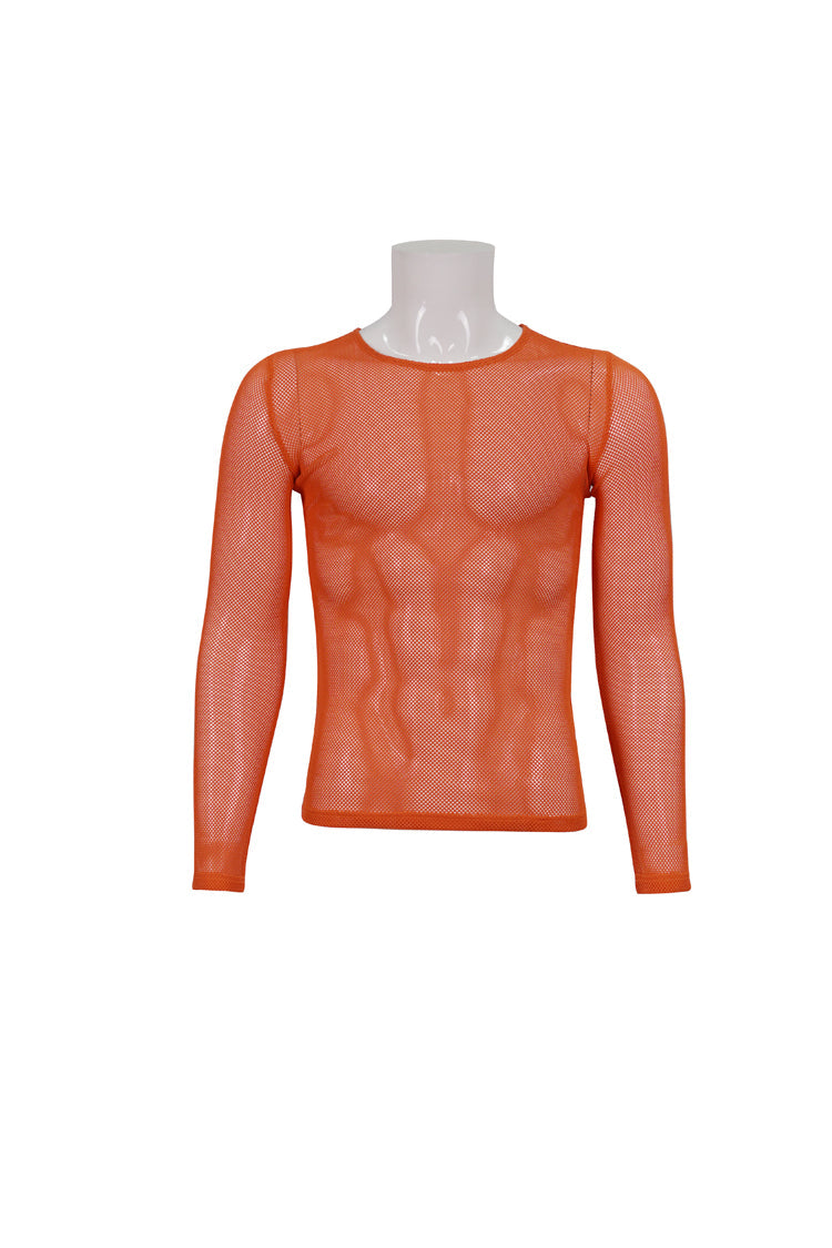 Orange Elasticity High Neck Long Sleeve Mesh Men's Gothic T-Shirt - Product - 6
