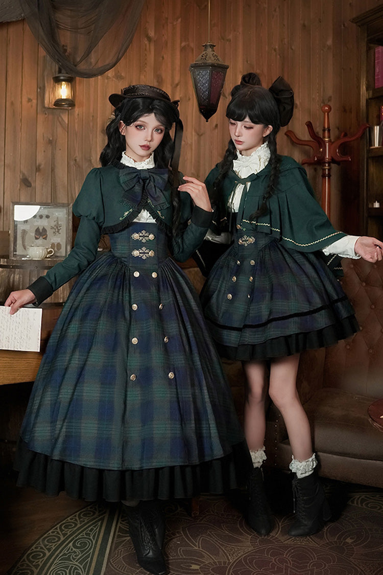 Blue/Green [Berlin's letter] Double-Layered Plaid Print Ruffle Bowknot Classic College Style Lolita Strap Dress Set 2 Versions - Product - 17