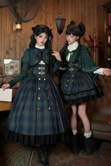 Blue/Green [Berlin's letter] Double-Layered Plaid Print Ruffle Bowknot Classic College Style Lolita Strap Dress Set 2 Versions - Product - 17