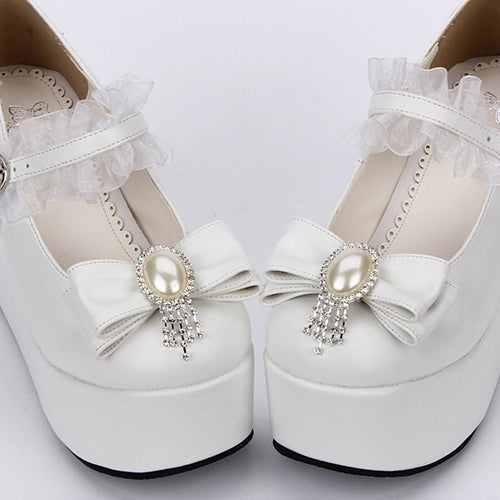 White Elegant Bride Bowknot Ornament High Heel Classic Lolita Shoes - Product - 3
