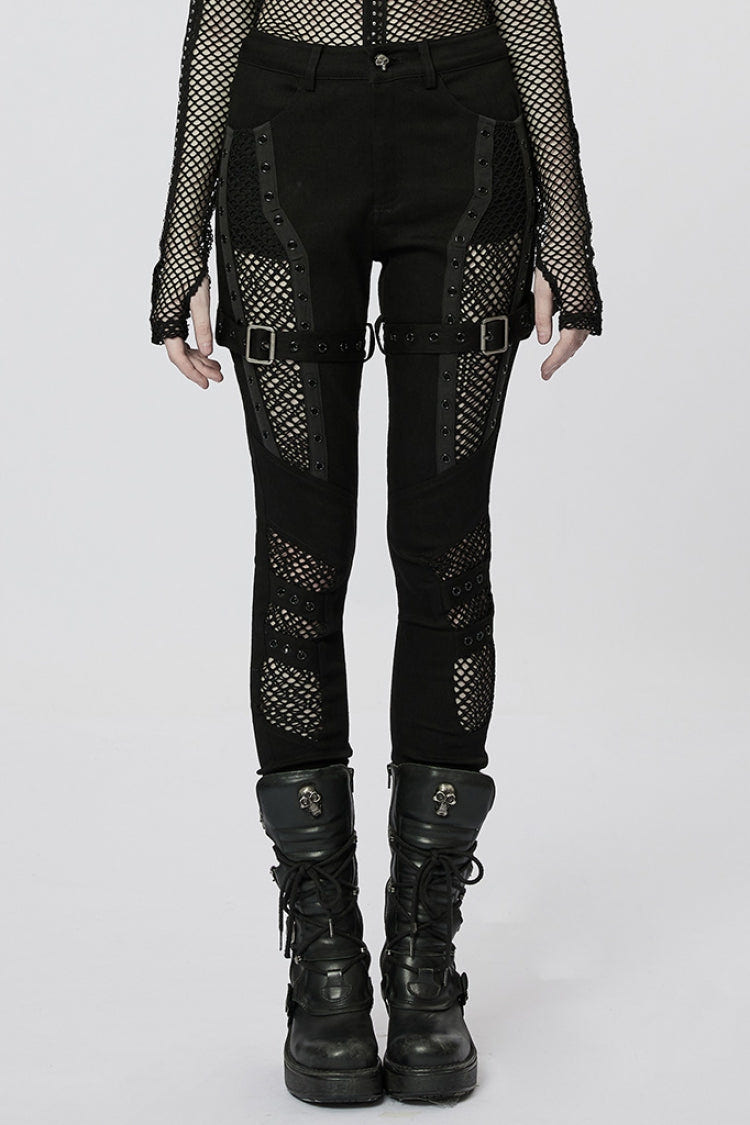 Stitching Slim Mesh Buckles Eyelets Women's Steampunk Leggings 2 Colors - Black - 1