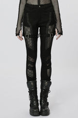 Stitching Slim Mesh Buckles Eyelets Women's Steampunk Leggings 2 Colors - Black - 1