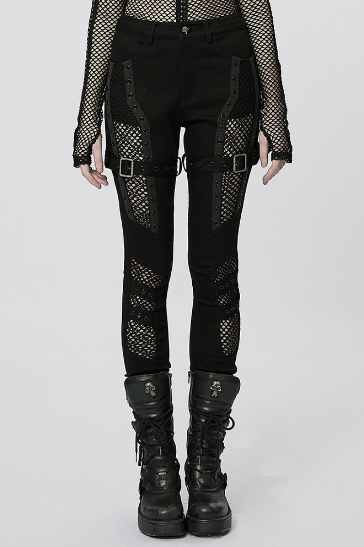 Stitching Slim Mesh Buckles Eyelets Women's Steampunk Leggings 2 Colors - Black - 1