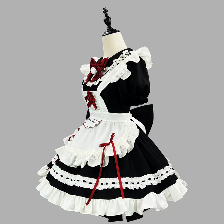 Black and Red Ruffled Maid Lolita Dress with Apron Bow Accent - view 2