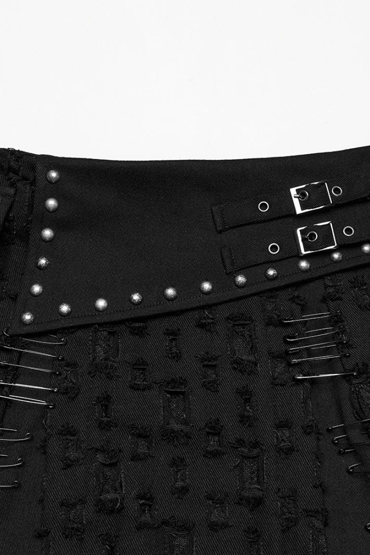 Black Ripped Asymmetric Studded Women's Punk Denim Skirt - Product - 5