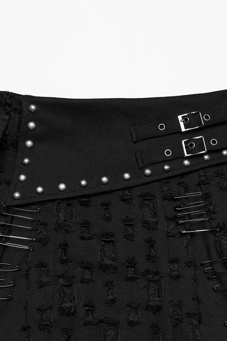 Black Ripped Asymmetric Studded Women's Punk Denim Skirt - Product - 5