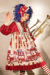 Red Lapel Collar Bowknot Lantern Long Sleeved Popcorn Print Sweet Lolita OP Dress - Product - 4