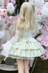 Light Green Halterneck Double-Layered Jacquard Ruffle Bowknot Lace Sweet Ballet Lolita Jsk Dress - Product - 5