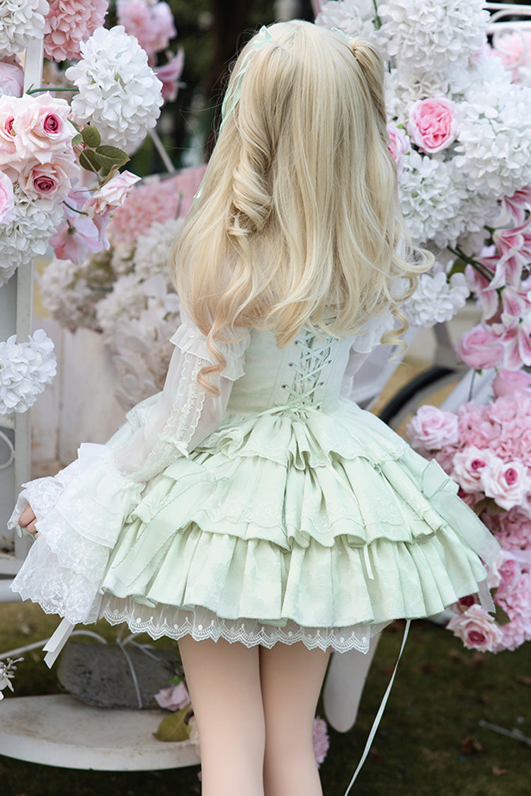 Light Green Halterneck Double-Layered Jacquard Ruffle Bowknot Lace Sweet Ballet Lolita Jsk Dress - Product - 5