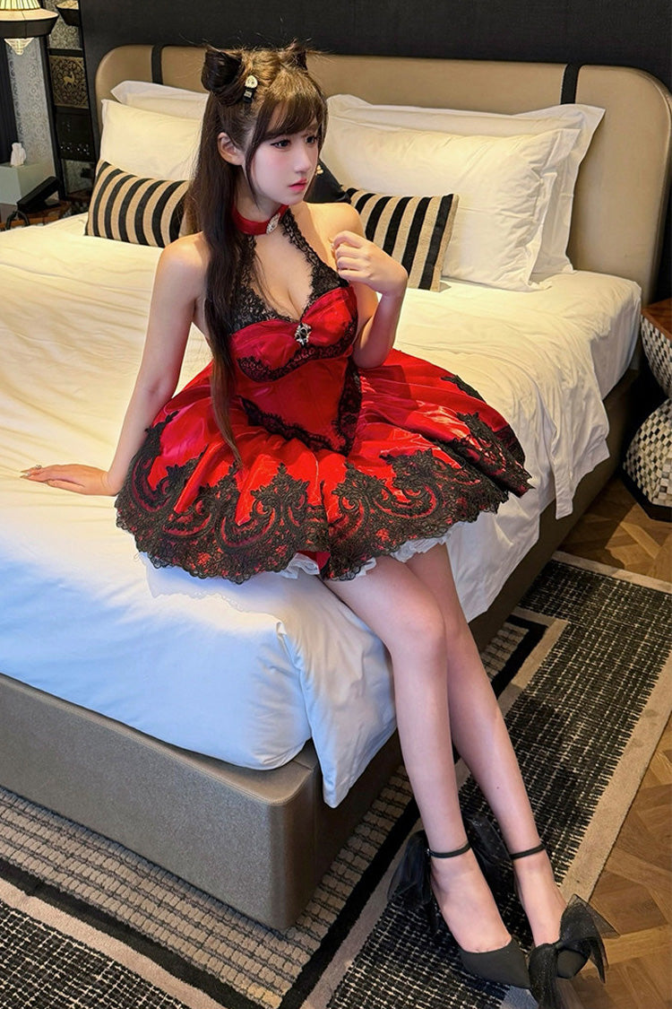 Red [Lace Cat] Halterneck Cut-Out Embroidered Gothic Ballet Lolita Jsk Dress - Product - 6
