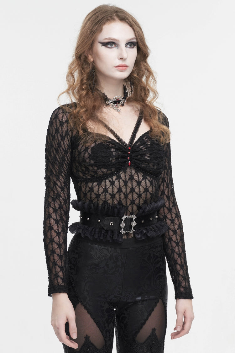 Black Spliced Lace Eyelet Women's Gothic Accessory Faux Leather Belt - Product - 4