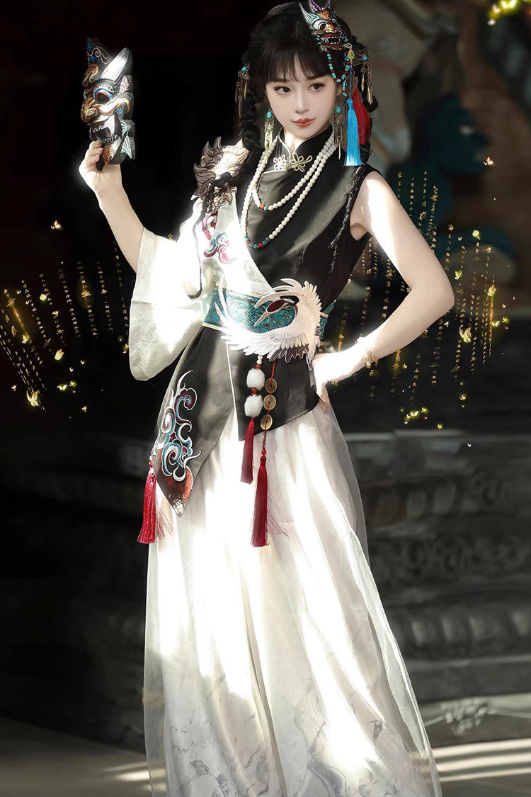 Black/White Stand Collar Single Long Sleeve Printed Embroidered Asymmetric Chinese Style Ouji Set - Product - 6