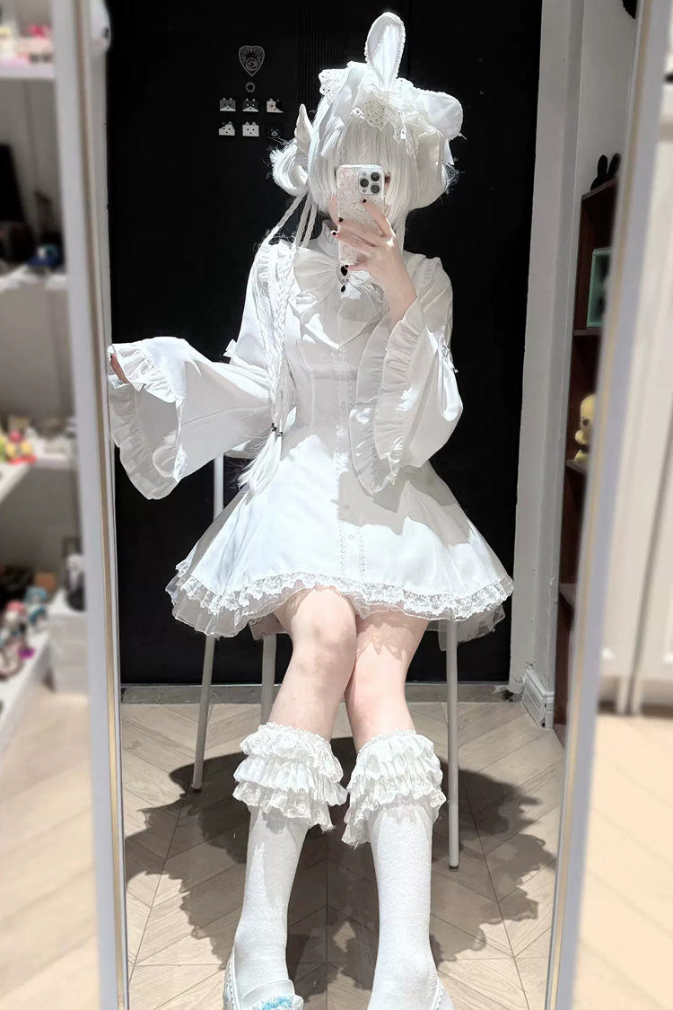 Jirai Kei Stand Collar Long Trumpet Sleeves Ruffled Bow Lace Japanese Dress 4 Colors - White - 8