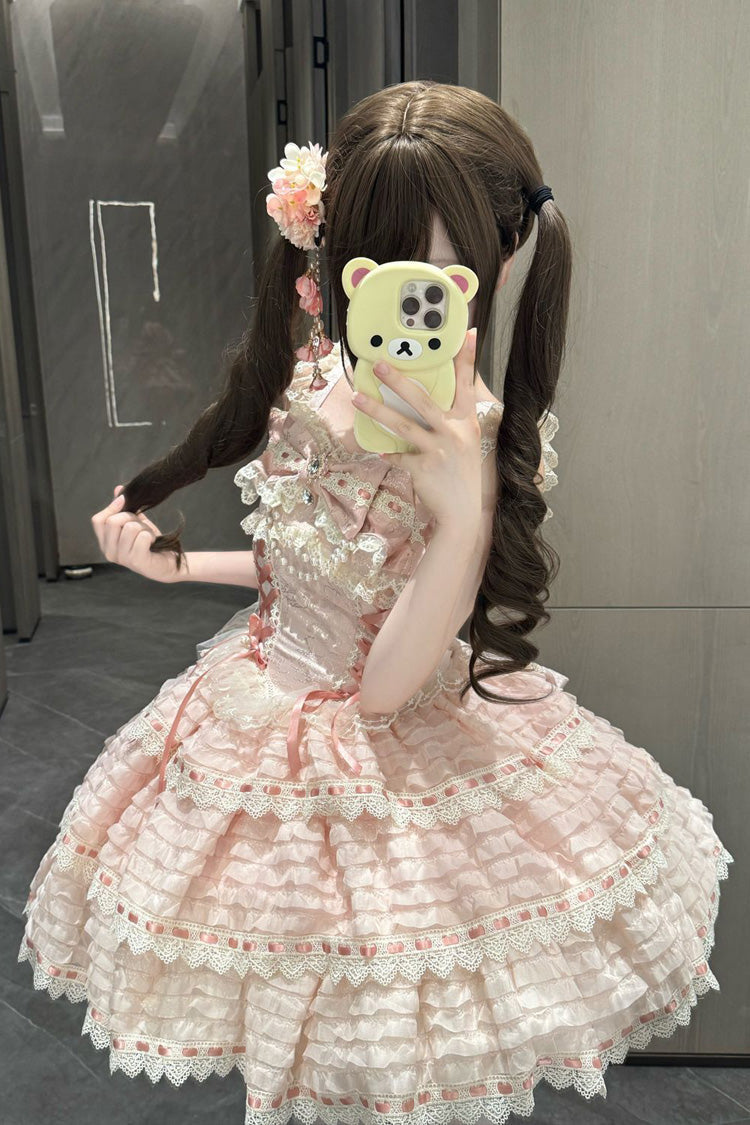 Pink [Song of Floral Letters] Sleeveless Triple-Layered Bowknot Lace-Up Sweet Lolita Jsk Dress - Pink - 1
