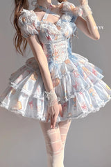 Blue Short Sleeves Multi-layer Cookie Bunny Print Bowknot Sweet Lolita Dress - Product - 4