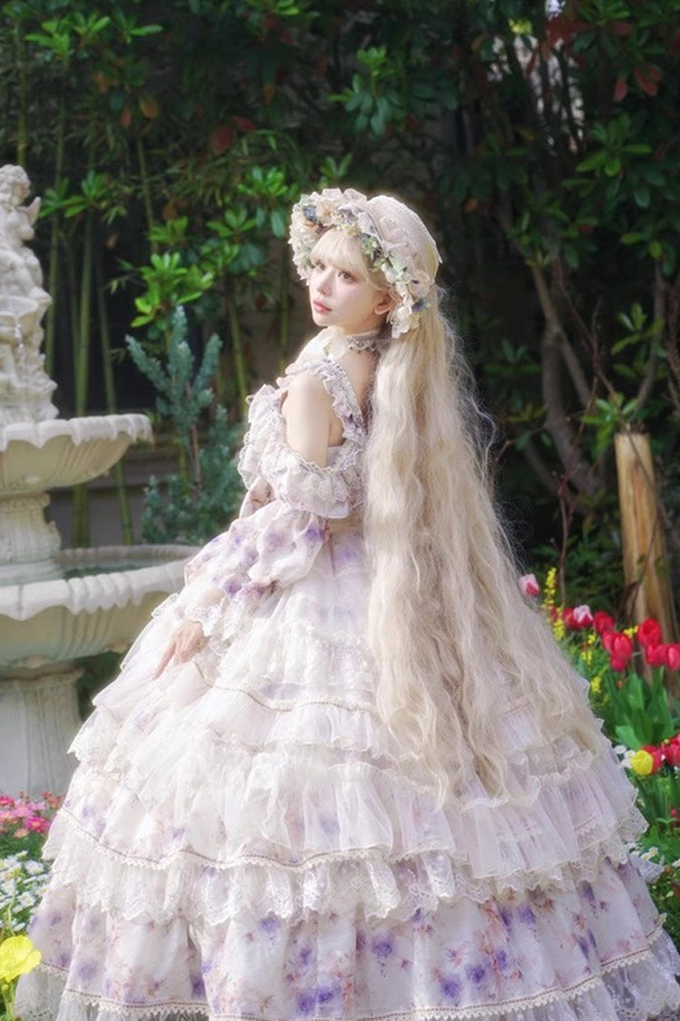 Blue [Rose Letter] Off Shoulder Triple-Layered Print Ruffle Hanayome Sweet Princess Lolita Dress - Product - 4