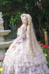 Blue [Rose Letter] Off Shoulder Triple-Layered Print Ruffle Hanayome Sweet Princess Lolita Dress - Product - 4