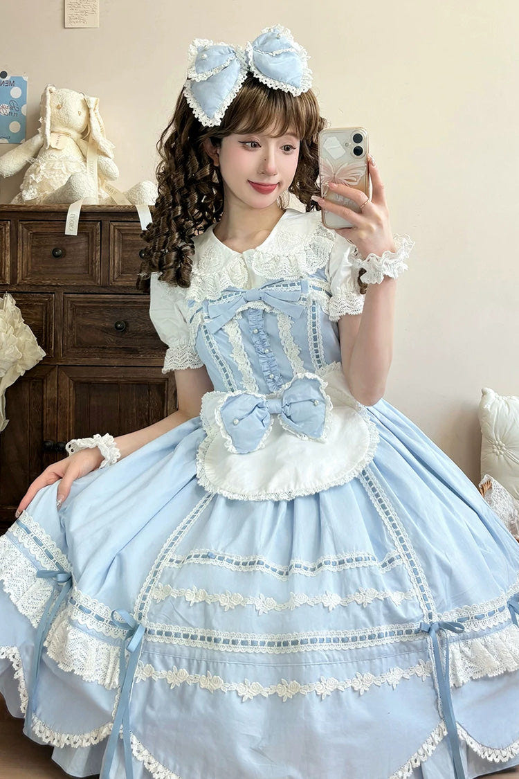 Blue [Petal Bunny] Cotton Sleeveless Ruffled Bow Lace Sweet Elegant Lolita Jsk Dress - Product - 4