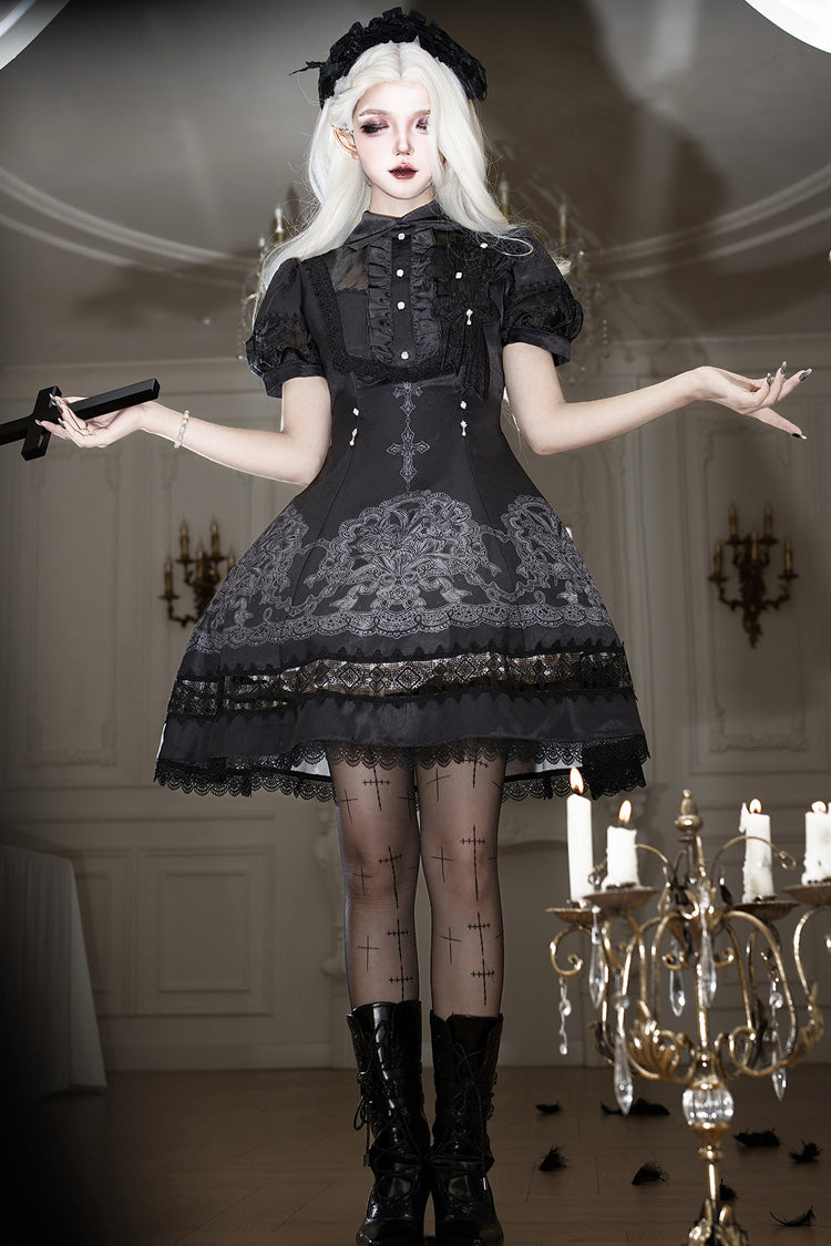 Black Lapel Collar Short Sleeves Ruffled Embroidered Lace Classic Gothic Elegant Lolita Dress - Product - 5