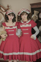Red [Showa Memoir] Polka Dots Printed Ruffled Bow Sweet Lolita Dress - Product - 10