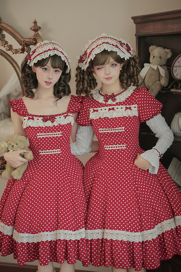 Red [Showa Memoir] Polka Dots Printed Ruffled Bow Sweet Lolita Dress - Product - 10