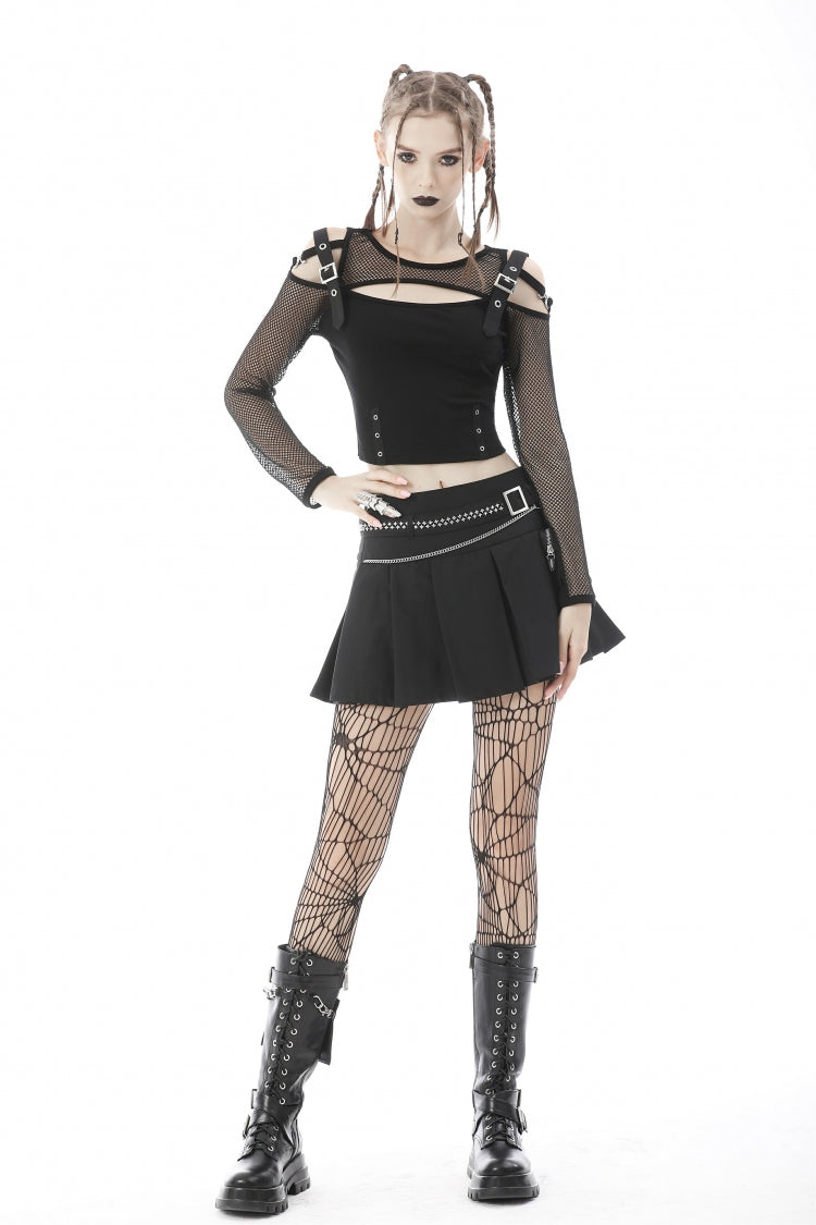 Black Pleated Big-pocket Chain-Decorated Women's Punk Mini Skirt with Belt - Product - 8