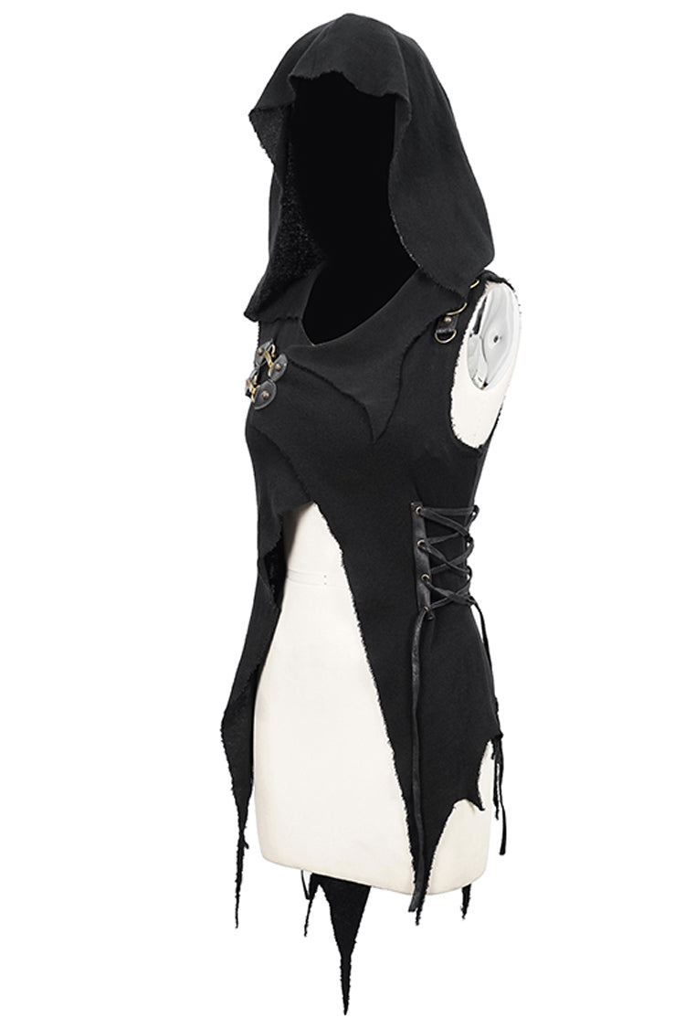Black Sleeveless Irregular Hooded Womens Gothic Vest - Product - 9