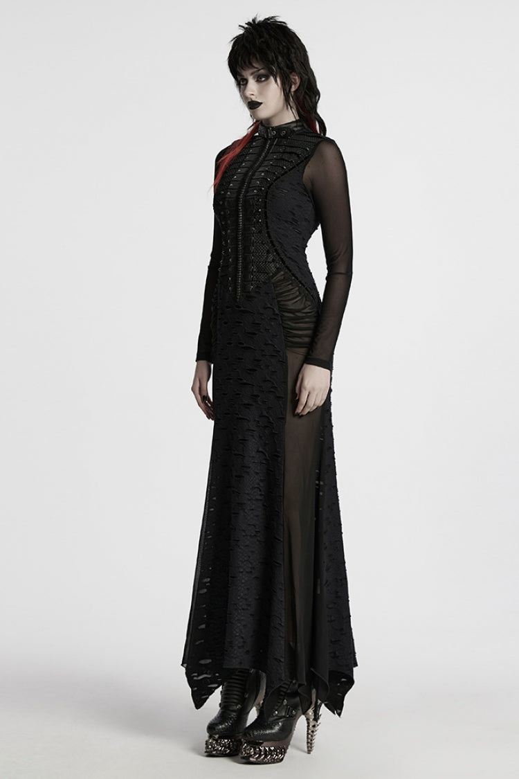 Black Stand Collar Long Sleeves Stitching Mesh Ripped Women's Punk Fishtailed Dress - Product - 2